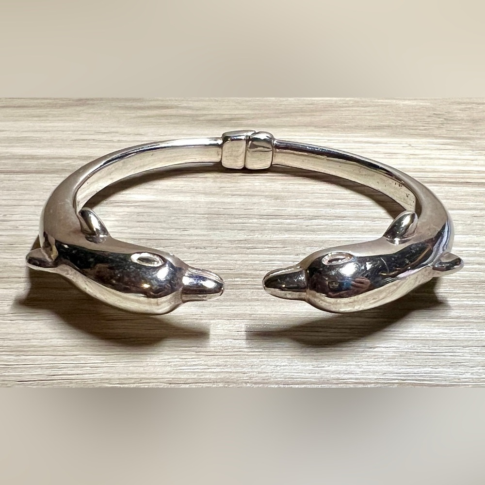 Vintage Designer Signed OTC Sterling Silver Two Dolphin Hinged Cuff Bracelet